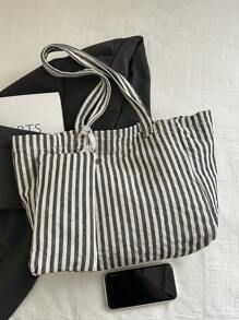 Bolso de gran capacidad de estilo casual a rayas, bolso de compras, vacaciones y escuela, set de 2 piezas con monedero y dije