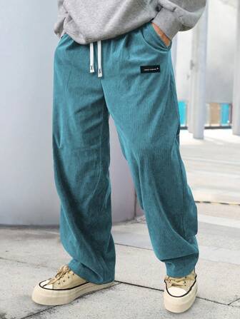 Pantalones casuales holgados de pana retro para hombres con bolsillos en ángulo - Pantalones deportivos de pierna recta y cintura con cordón, transpirables, aptos para paseos por la ciudad y actividades al aire libre