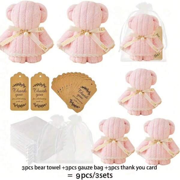 9pcs/3set, Cute Bear/Rabbit Towel Gift Set - Soft, Skin-Friendly Towel With Thank You Tag And Organza Bag, Ideal For Weddings, Bridal Showers Or Birthday Parties As Gifts, Souvenirs, Decorations And Other Celebrations