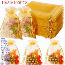 50/100pcs Gold Gift Packaging Bags, Ginger Organza Candy Bags, Colorful Mixed Wedding Favor Bags, Wedding Essential Gift Bags, Tableware, Outdoor Storage Bags, Wedding Candy Packaging Bags, Multi-Size, Various Festival Party Packaging Supplies, Holiday Home Goods, Festival Wedding Party Gift Packaging Supplies