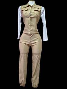 Conjunto deportivo casual de mujer en color verde militar con jogger ajustado y chaleco tipo mezclilla sin mangas – Estilo urbano cómodo y moderno para primavera-verano – Ideal para outfits diarios, viajes, salidas o looks relajados – Disponible en varios colores – Moda femenina con estilo atlético y versátil - Beis - Ver 2