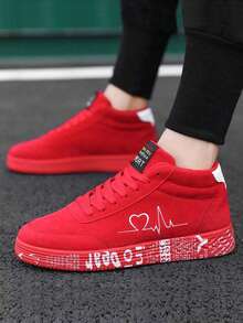 Unisex Sneakers, Red High-Top Lace-Up Flat Casual & Sport Skateboard Shoes, Outdoor Graffiti DIY Lightweight Luxury Solid Color Casual Shoes