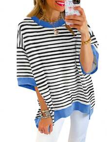 Womens Oversized Striped T Shirt Color Block Cotton Crewneck Half Sleeve Loose Fit Top - màu đen - Xem 3