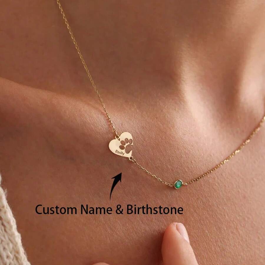 Collar personalizado con nombre, pata de perro o gato y corazón, de acero inoxidable con piedra de nacimiento y letra grabada, collar personalizado como regalo - Multicolor - Ver 1