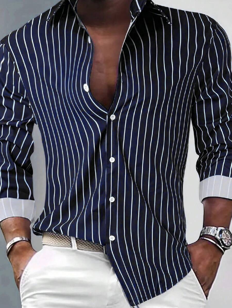 Men Clothes Long Sleeve Casual Stripe Shirt Fashion Top, Fall