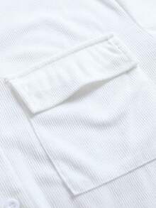 Set estivo casual da 2 pezzi composto da camicia a maniche corte con tasche e bottoni in colore unito + pantaloncini con coulisse, adatto per sport, spiaggia, vacanza e uso quotidiano - Bianco - Visualizzare 5