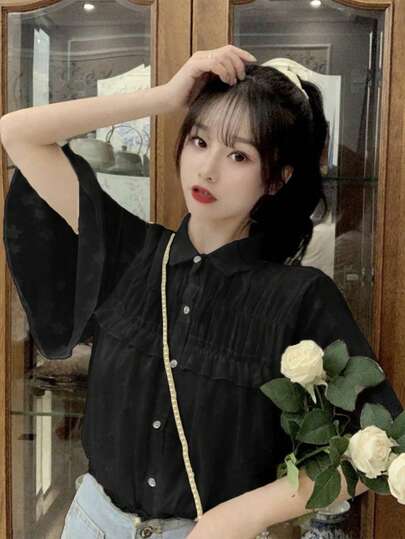 女單排扣喇叭袖休閒夏季襯衫