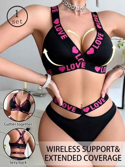 Women Letter Printed Underwear Set, Wireless Sports Lingerie Bra And Panty Set, Thin Style