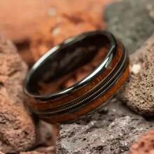 Coffee Color Rose Golden Ring Guitar String Stainless Steel Ring Inlaid Whiskey Barrel Wood Grain Ring For Men Engagement