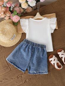 2pcs Girls Summer Casual Simple Embroidery Top And Denim Shorts Set - White - View 2