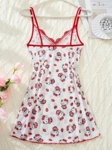 Sanrio 1 pieza Pijama sexy con estampado digital de Hello Kitty con fresas, con cuello en V, encaje de contraste, abertura lateral, ribete de lechuga, malla transparente y espalda descubierta, para mujer, en colores rojo y blanco contrastantes