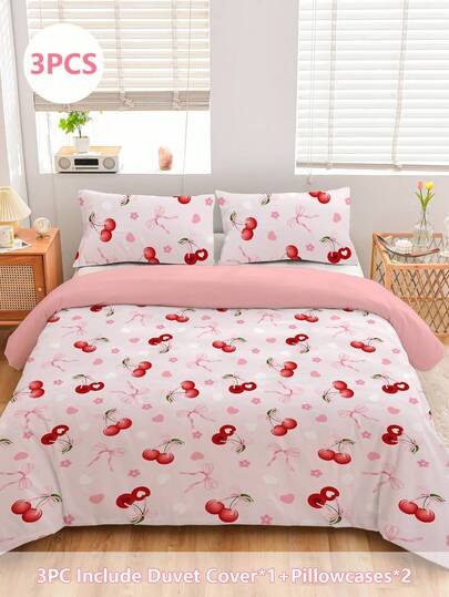 3pcs Heart, Cherry, Bow Bedding Set, Includes: 2 Pillowcases + 1 Zipper Duvet Cover, No Inner Filler, 100% Polyester Fabric, Soft & Comfortable, Suitable For Bedroom, Dorm, Camping, Travel