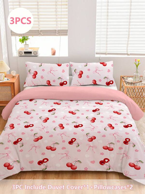 3pcs Heart, Cherry, Bow Bedding Set, Includes: 2 Pillowcases + 1 Zipper Duvet Cover, No Inner Filler, 100% Polyester Fabric, Soft & Comfortable, Suitable For Bedroom, Dorm, Camping, Travel