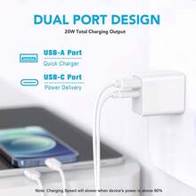 20W快速充电套装[USB A+C双口充电器+100厘米USB/Type C转Lightning数据线] 兼容 14/13/12/11 Pro Max Plus、耳机、平板电脑及其他苹果设备 - 美規A型插(110-127V) - 查看 4