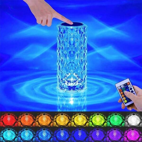 PETALOVE Lampada da tavolo a forma di rosa con cristalli e diamanti, luce notturna LED RGB con controllo touch e telecomando, lampada da comodino, regolabile, ricaricabile USB, decorazione illuminazione romantica per casa e ufficio