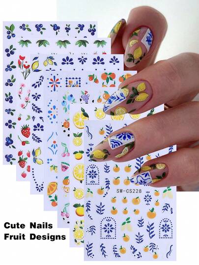 7 PCS Funky Fruit Summer Nail Stickers Playful Colorful Designs Blueberry, Orange,Lemon, Banana, Watermelon, Strawberry And Avocado Nail Art Decals DIY Self Adhesive Manicure Nail Decoration Supplies Nails