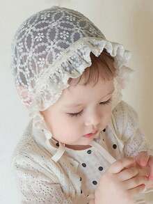 1pc Baby Girl Lace Brim Embroidered Palace Style Lace Fetal Cap, Newborn Hat, Spring/Summer, 0-3 Months, Princess Style Fishing Hat - Apricot - View 5