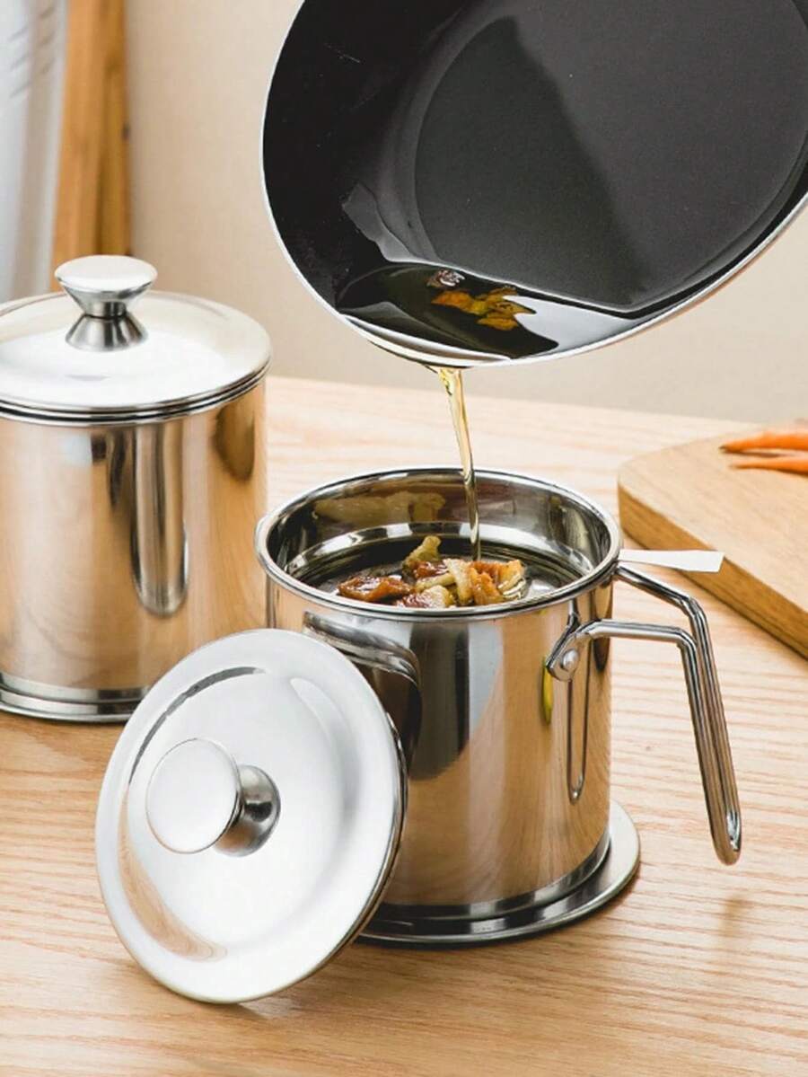 1pc Stainless Steel Oil Filter Pot With Strainer Net, Kitchen Oil Container,School Supplies - Silver - View 1
