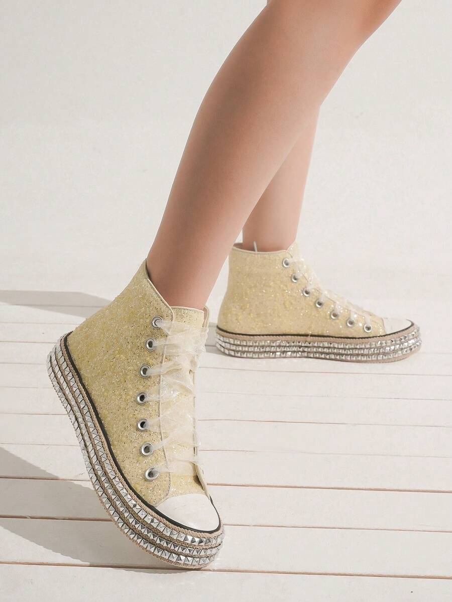 Beast Fashion Women's Rhinestone Platform High-Top Sneakers – ASH-02 – Glitter Lace-Up Canvas Shoes – Party Glam Street Style Preppy Beach Party Wedding - White Pearl - View 1