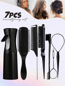 5/7件套美发工具套装，包含法式编发工具环、9排尼龙软垫造型刷、200毫升连续喷雾瓶、蓬松发梳、尖尾梳、边缘梳（用于梳理发际线和后脑勺）、边缘控制梳、尖尾梳、长钢针尖尾蓬松梳、精准分缝梳、蓬松梳发刷、返校季、发刷、发刷 - 彩色 - 查看 6