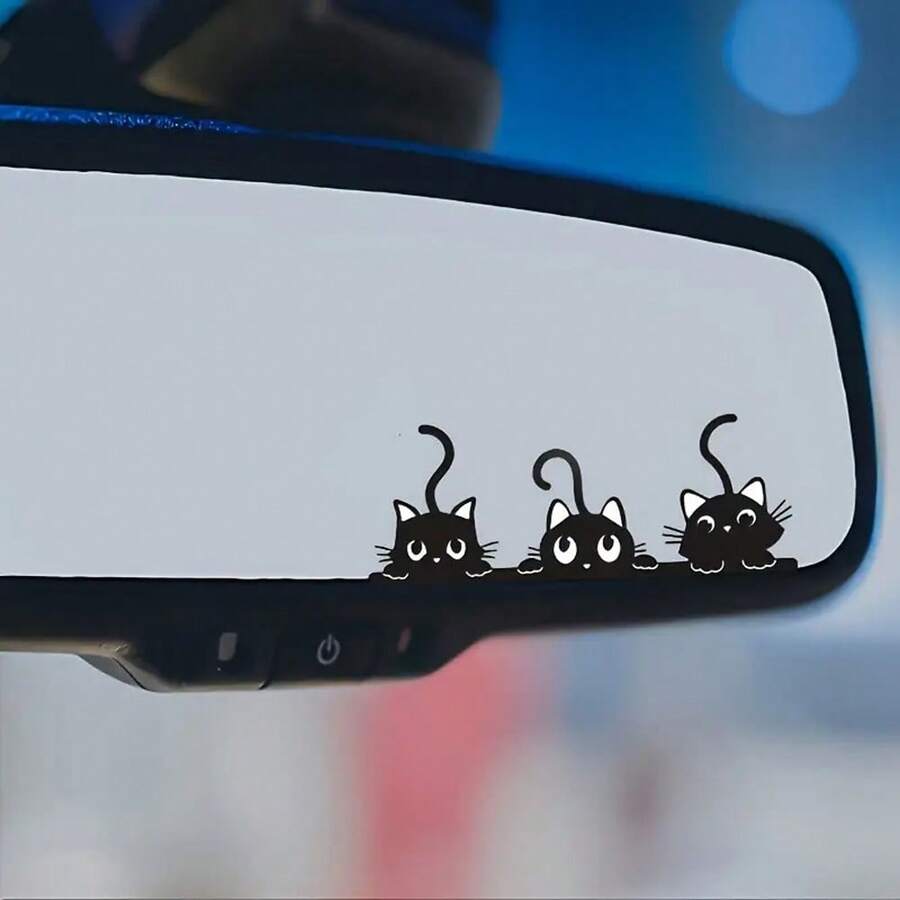 Three Cute And Mischievous Cat Probes - Rearview Mirror Stickers. Versatile For Cars, Motorcycles, Laptops - On Any Smooth Surface. - one-size - View 1