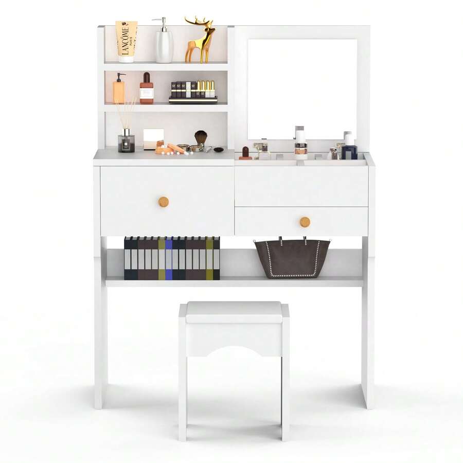 OYAJIA Makeup Vanity Desk Set, White Vanity Table With Mirror And Stool, Dressing Table Set With 2 Cabinet Drawers Shelves And Storage Stool For Bedroom - White - View 1