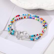 1pc Bohemian Layered Beaded Women's Hollow Double Heart Charm Ankle Bracelet Summer Beach Vacation Foot Jewelry Gift