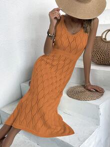 Women's Casual V-Neck Solid Color Crochet Slit Hem Sweater Dress, White Spring/Summer Maxi Dress Cream Yellow Casual Beach Dress, Back To School Autumn Women's Outfit Elegant Autumn/Winter Maxi Party Dress, Christmas Dress, New Year Outfit (Random Pattern) - Orange - View 8
