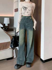 New Design High Waisted Loose Straight Leg Wide Leg Jeans, Street-Style, - Blue - View 1