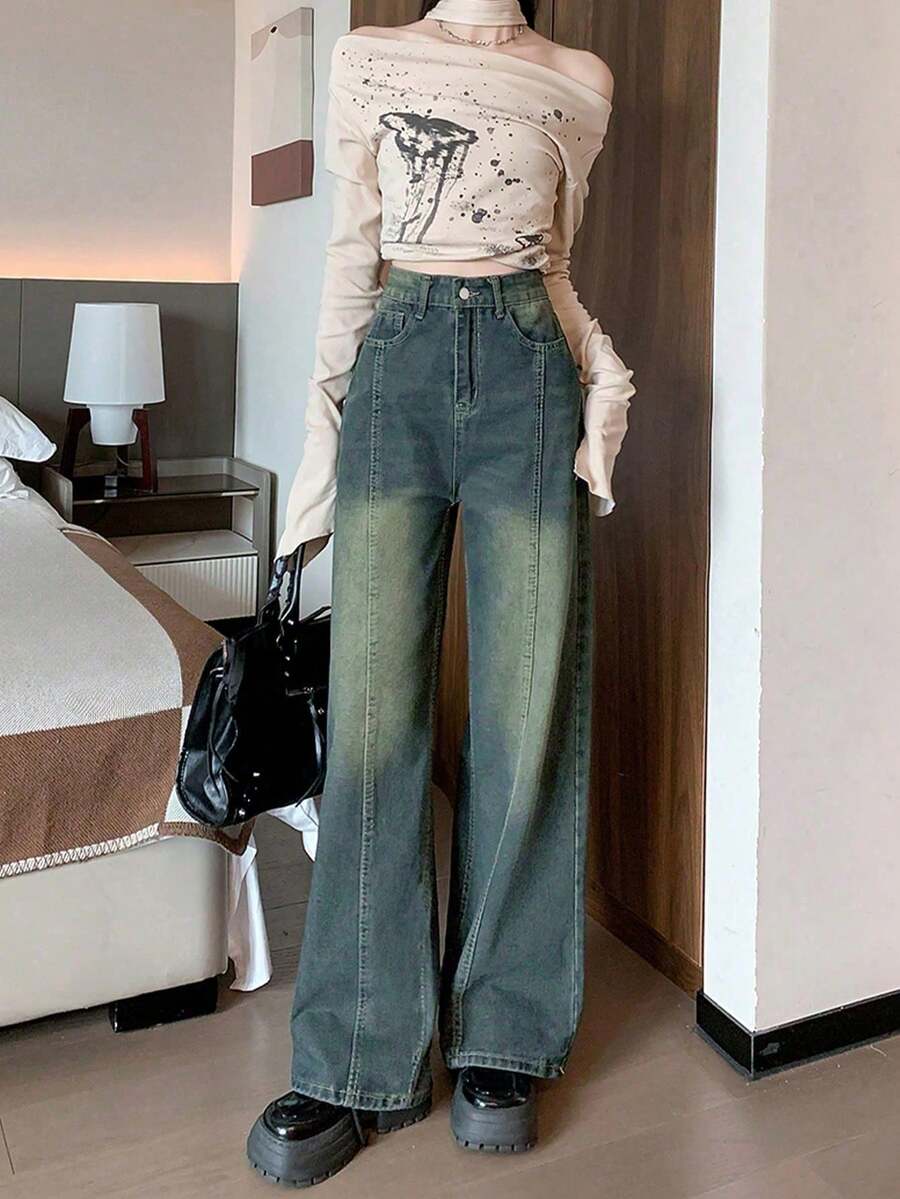 New Design High Waisted Loose Straight Leg Wide Leg Jeans, Street-Style, - Blue - View 1