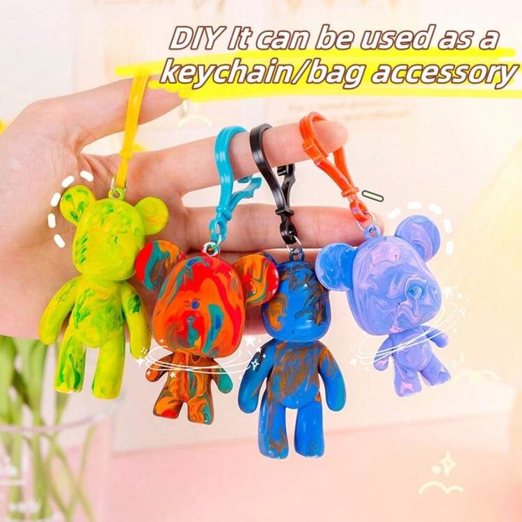 1/3 Peças Conjunto de Urso Fluido Grafite DIY, Chaveiro de Urso Fluido em Desenho Animado, Materiais de Artesanato DIY, Brinquedos de Grafite Brancos em Branco Pintados à Mão, Adequados para Presentes de Festa, Recompensas de Sala de Aula, Acessórios de Pingente (Cor do Acessório Aleatória), Volta às Aulas, Suprimentos Escolares - Multicolorido - Visão 2