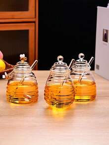 Tarros de cristal de miel con forma de panal con cucharita y tapa. Potes de miel de cristal pesado y transparente, recipientes para miel, mermelada, jalea, sirope para el hogar y la cocina - Multicolor - Ver 7
