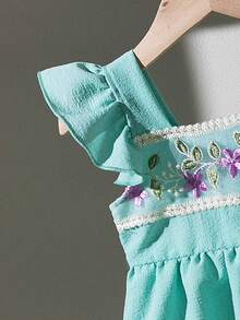 BASUSARRI 2pcs/Set Girls Ruffled Vest Top With 3D Jacquard Mesh Pants, Elegant Chinese Style Outfit For Summer - Green - View 4