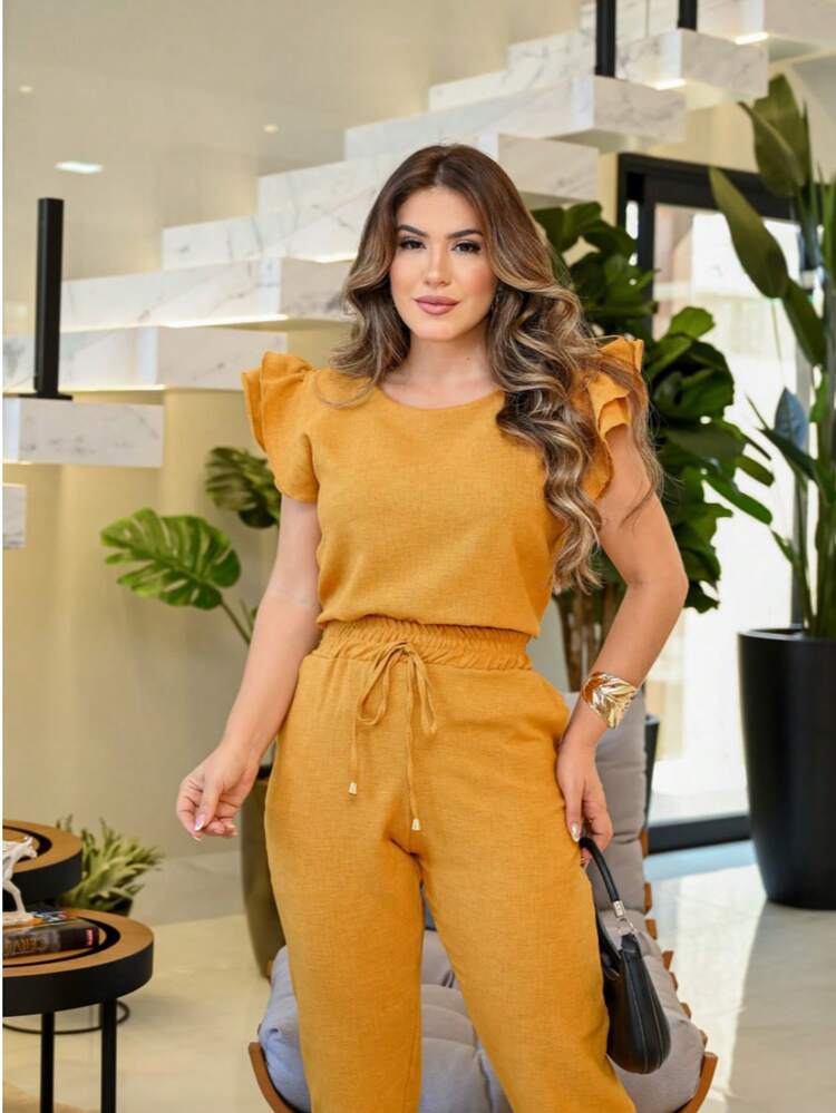 Women's Scrub Set Hospital Lab Coat 2 Pieces Casual Elegant Pleated Blouse Linen Pants With Delicate Detail On The Sleeve Colors Fashion Spring Summer 2025 Women's Clothing - 芥末黃/褶邊 - 查看 5