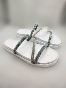 Women's Flat Sandal  Rhinestone Straps Shiny Two In One Comfortable Adjuster - Bright White 2 - View 2