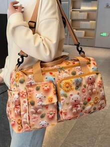 1pc Teddy Bear Graphic Travel Luggage Bag, Large Capacity With Separate Shoe Compartment, Wet Dry Divider Bag, Detachable Adjustable Shoulder Strap, Suitable For Travel, Swimming, Fitness And Sports - Yellow - View 3