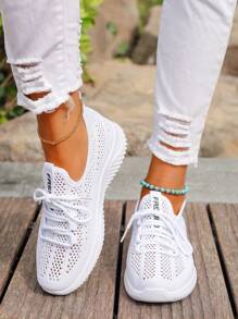 夏季女士透气网眼一脚蹬休闲运动鞋，软底防滑轻便运动鞋 - 白色 - 查看 3