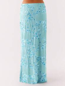 Women's Y2K Summer Sequin Maxi Skirt Sparkle Rhinestone High Waist Floral Embroidery Long Skirt Going Out Glitter Skirt Club Streetwear - Màu xanh lam - Xem 3