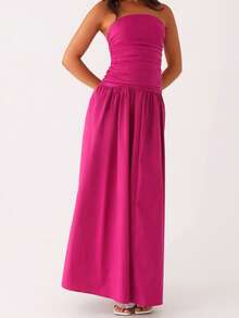 Women Tube Top Maxi Dress Elegant Sleeveless Strapless Ruched Flowy Dress Summer Long Wedding Party Cocktail Dresses - Hot Pink - View 3