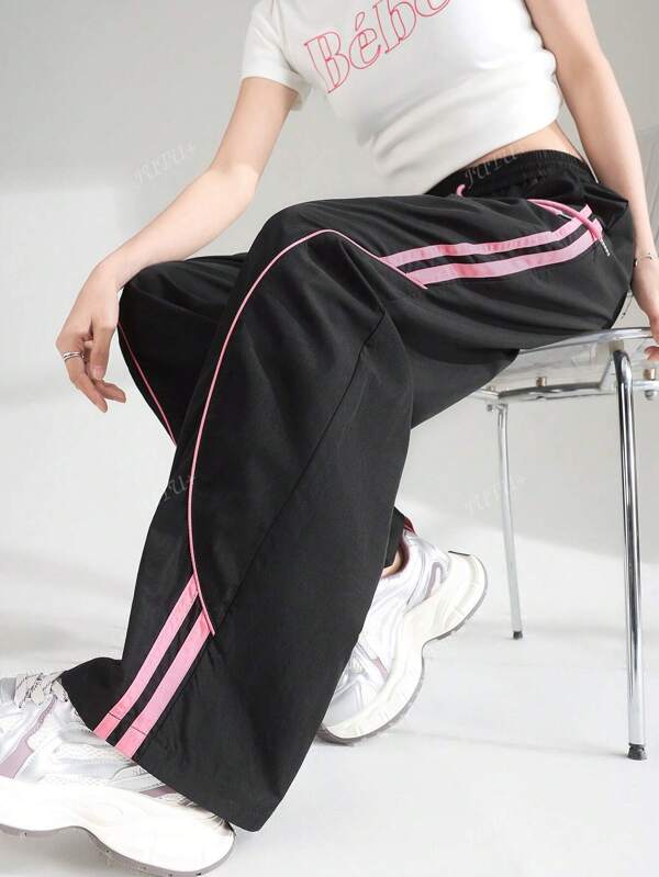 Casual Loose Drawstring Pocket Stitching Color Contrast Trousers,