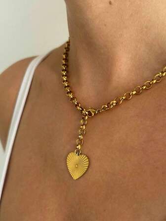 1pc New Striped Heart Cross Pendant Thick Chain Stainless Steel Necklace, Fashion Versatile Adjustable Necklace For Women, Suitable For Daily Wear And Vacation