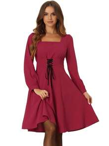 Women's Square Neck Lantern Long Sleeve A-Line Gothic Lace Up Dress - Red - View 1
