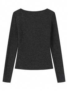 灰色蕾丝边性感露脐V领针织上衣，春夏休闲款 - 深灰色 - 查看 11