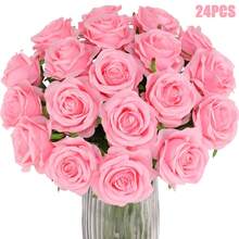 40支仿真玫瑰花束，丝绸假花，逼真长茎玫瑰，适用于婚礼装饰、新娘送礼会中心摆件、花艺布置、派对家居餐桌装饰、情人节、生日、周年纪念日 - 粉色 - 查看 11