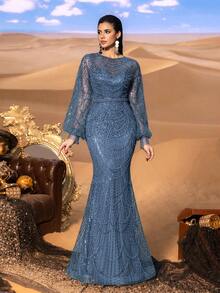 Faeriesty 高级魅力优雅长袖亮片鱼尾礼服，专为女性打造——精致的水晶串珠刺绣，闪耀夺目的全身细节，修身喇叭裙摆，适合红毯活动、奢华婚礼、正式晚宴和时装秀等场合。 - 霧霾藍 - 查看 4