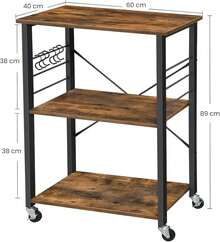 VASAGLE Küchenregal auf Rollen, Servierwagen, 3 Ebenen, Küchenwagen, für Mini-Backofen, Mikrowellen, Metallrahmen, 6 Haken, 40 x 60 x 89 cm, vintagebraun-tintenschwarz - Braun - Übersicht 5