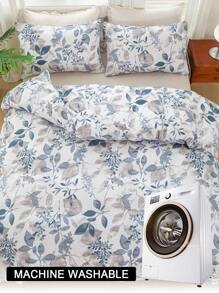 3 pièces/Set Ensemble de housse de couette à motif floral de feuilles (1 housse de couette et 2 taies d'oreiller). Ensemble de literie doux et agréable à la peau pour toutes les saisons.