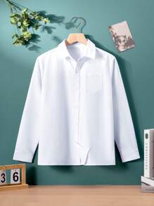 Chemise à manches longues en robe blanche officielle avec application pour pocket, style collégial classique pour adolescents, décontracté et pour soirée
