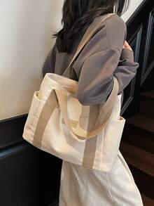 Simple Large Capacity Shoulder Tote Bag, Classic Large Handbag For Women - Beige - View 3