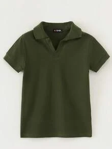 Playera 100% Algodon Cuello V Tipo Polo Manga Corta, Ropa de Niño 6 a 16 Años 110 a 160cm para Adolescentes Juvenil - Verde Oliva - Ver 3